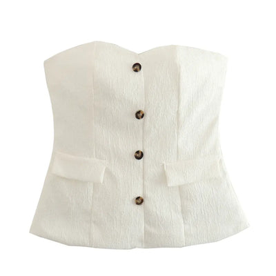 Yelle White Sweetheart Neckline Lined Single Breasted with Embossed Details Tube top