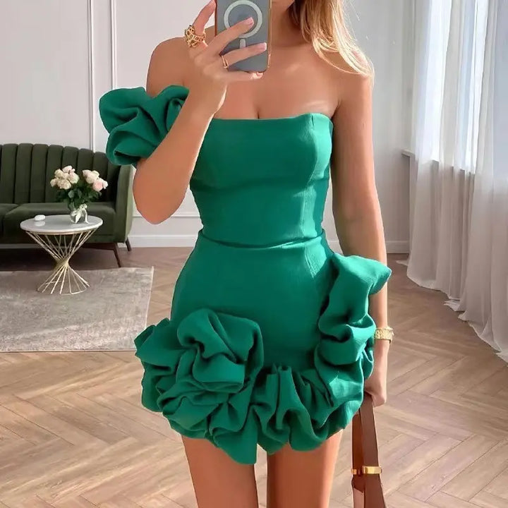 Yuka Emerald Green Big Flower Hem Sleeveless Bodycon Ruffle Mini Dress