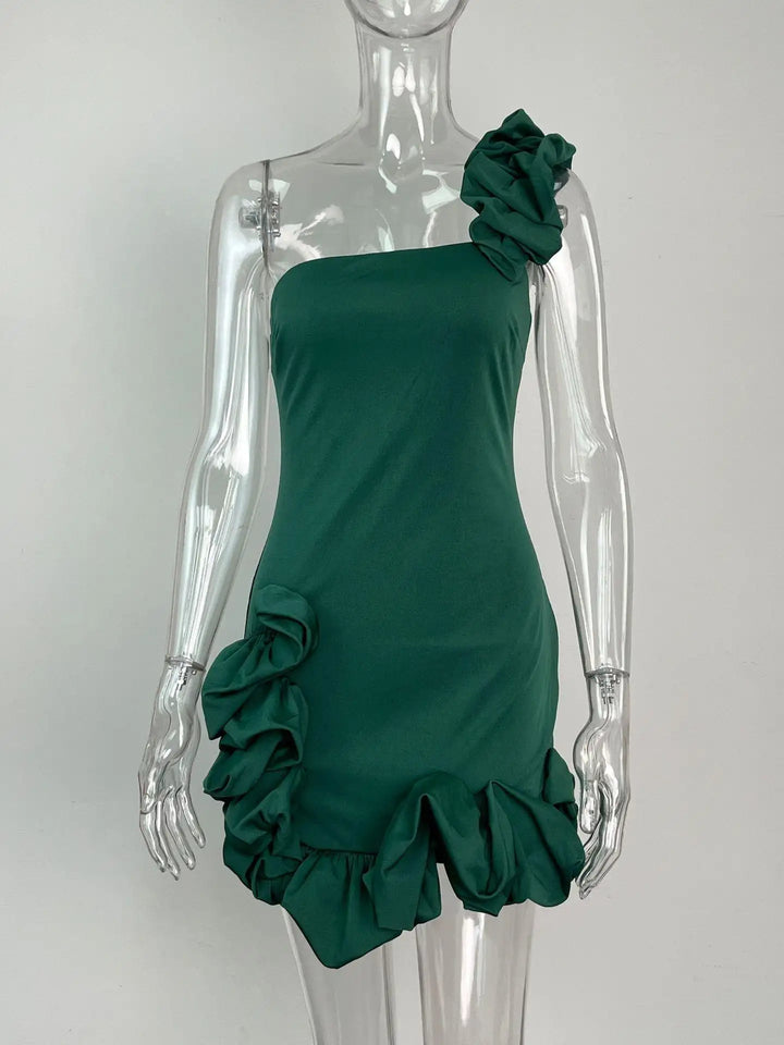 Yuka Emerald Green Big Flower Hem Sleeveless Bodycon Ruffle Mini Dress