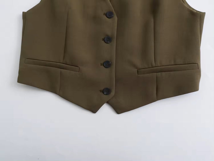 Zayne Olive Green Single Breasted V Neck Casual Waistcoat Vest