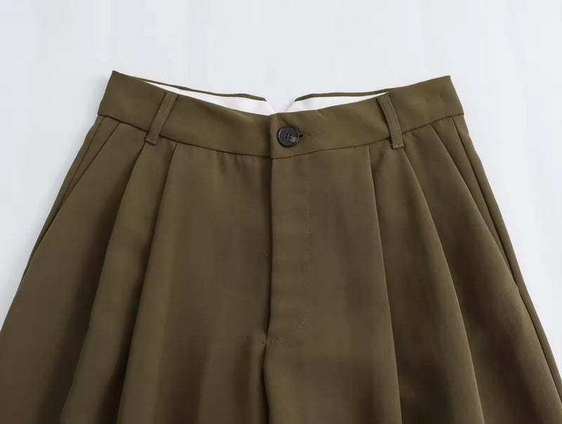 Zoona Olive Green Wide Leg Design Pleated Zipper Fly Casual Trouser