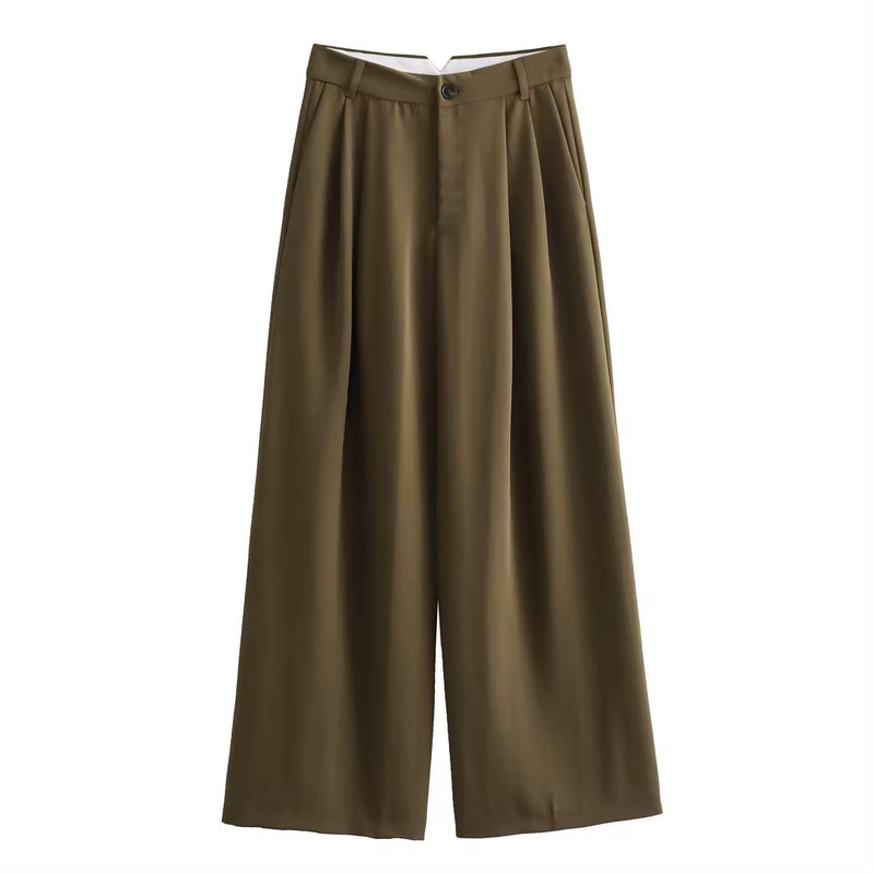 Zoona Olive Green Wide Leg Design Pleated Zipper Fly Casual Trouser