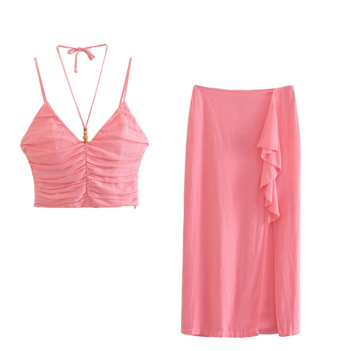 Kaithy Pink Halter Double Beaded Strap Pleated Sleeveless Crop Top