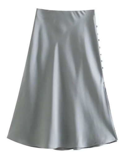Ainsley Ash Blue Silk Side Buttons Midi Skirt