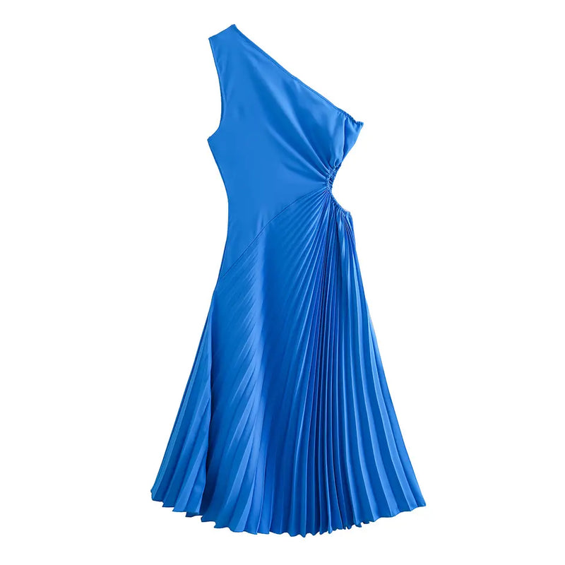 Crissane Blue Assymetrical Neckline Pleated Flare Sleeveless Midi Dress