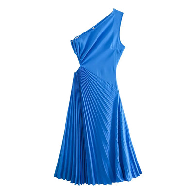 Crissane Blue Assymetrical Neckline Pleated Flare Sleeveless Midi Dress
