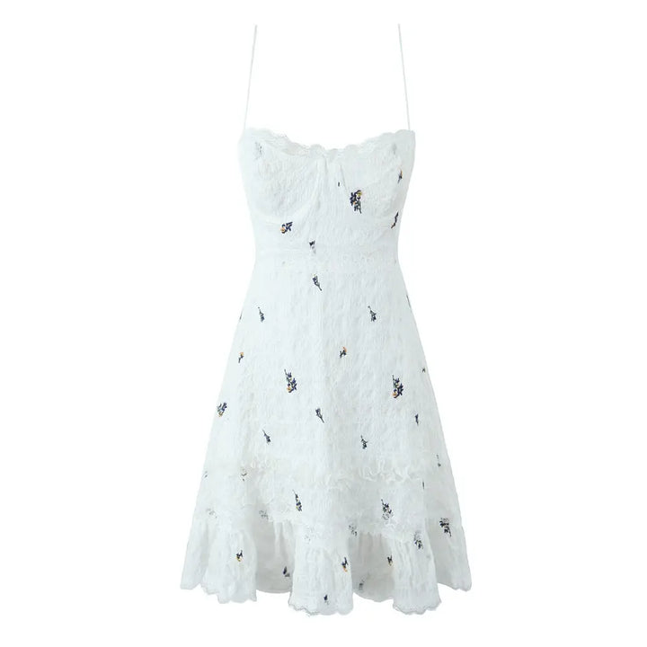 Amias White Sleeveless Flower Embroidered Mini Dress