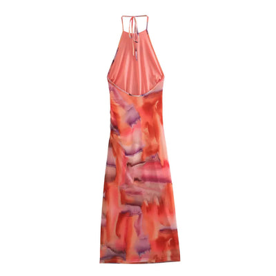 Cayelyn Multi Color Tie Dye Halter Self Tie Strap Open Back Pleated Maxi Dress