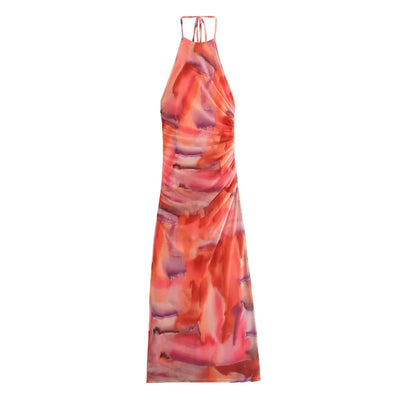 Cayelyn Multi Color Tie Dye Halter Self Tie Strap Open Back Pleated Maxi Dress
