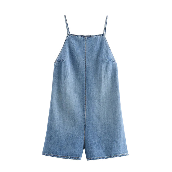 Conrad Denim Blue Back Hollow Out Denim Blue Color Spaghetti Strap Jumpsuit