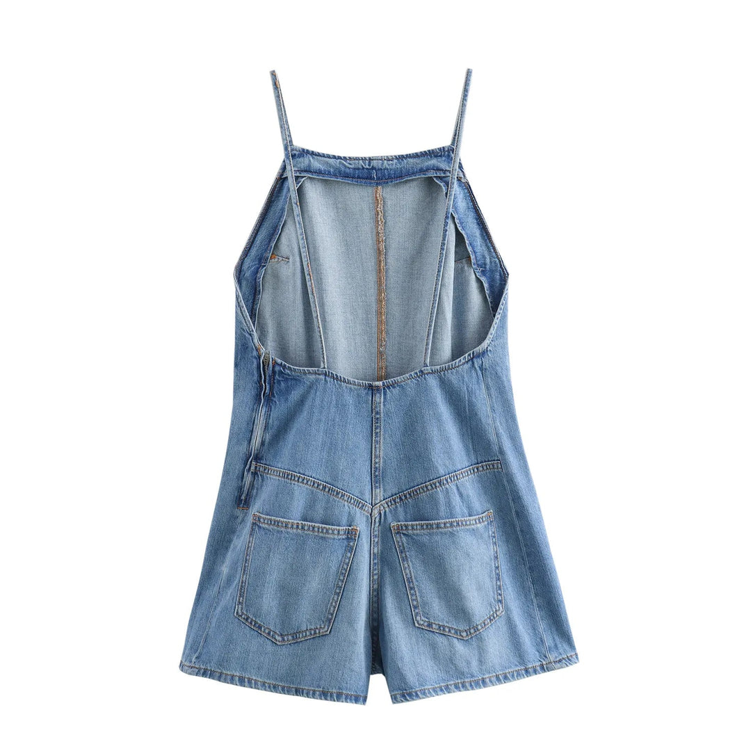 Conrad Denim Blue Back Hollow Out Denim Blue Color Spaghetti Strap Jumpsuit