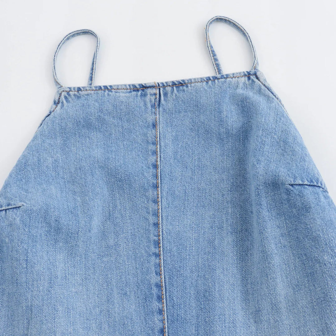 Conrad Denim Blue Back Hollow Out Denim Blue Color Spaghetti Strap Jumpsuit