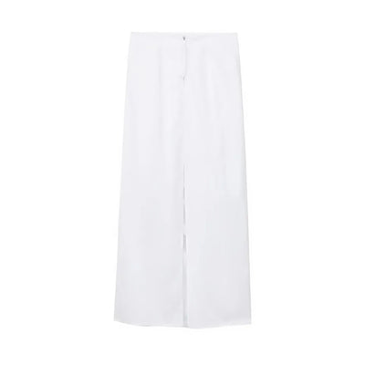 Diarah White Front Pleated Back Slit and Zipper Midi Skirt