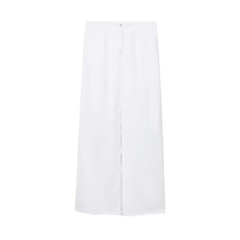 Diarah White Front Pleated Back Slit and Zipper Midi Skirt