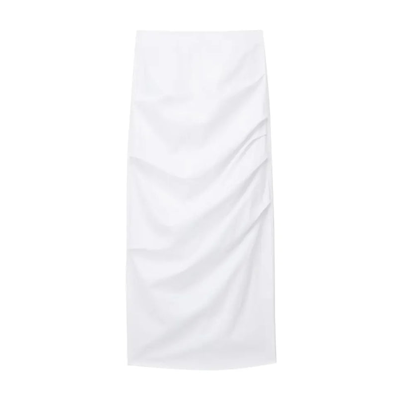 Diarah White Front Pleated Back Slit and Zipper Midi Skirt