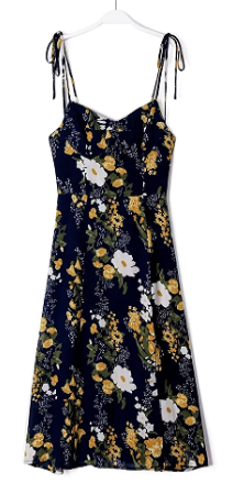 Elene Blue with White and Yellow Floral Print V Neckline Self tie Strap Midi Dress