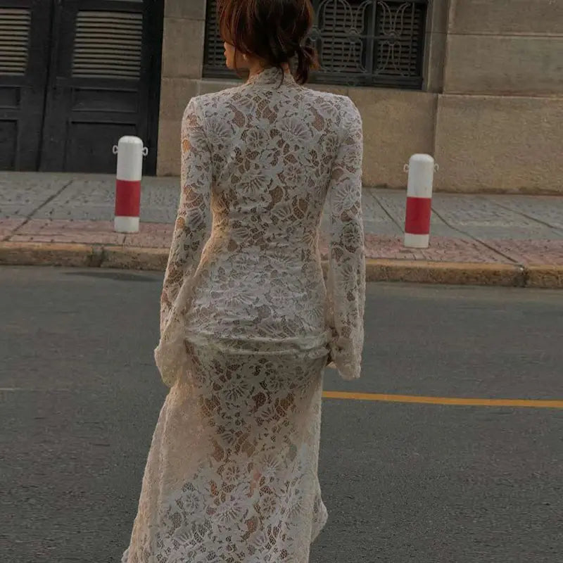 Divit White Long Sleeve Deep V-Neck Lace Hollow Deep Slit  Maxi Dress