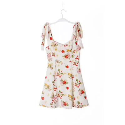 Klarey Beige Multicolor Floral with Cherry Print Sleeveless Self Tie Strap Mini Dress