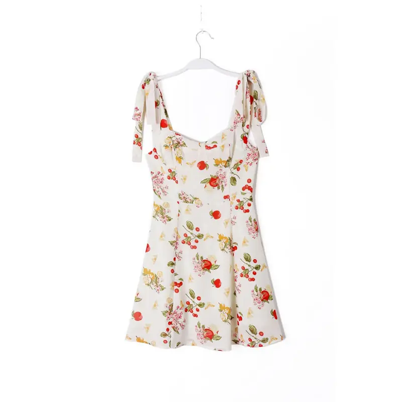 Klarey Beige Multicolor Floral with Cherry Print Sleeveless Self Tie Strap Mini Dress