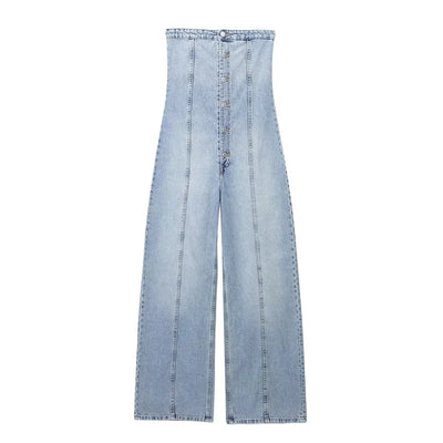 Gypsy Light Blue Denim Buttons Up Straight Cut Tube Jumpsuit