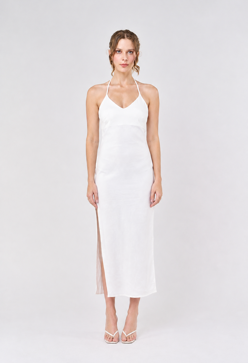 Merith Miky White V-Neck with High Slit Midi Dress