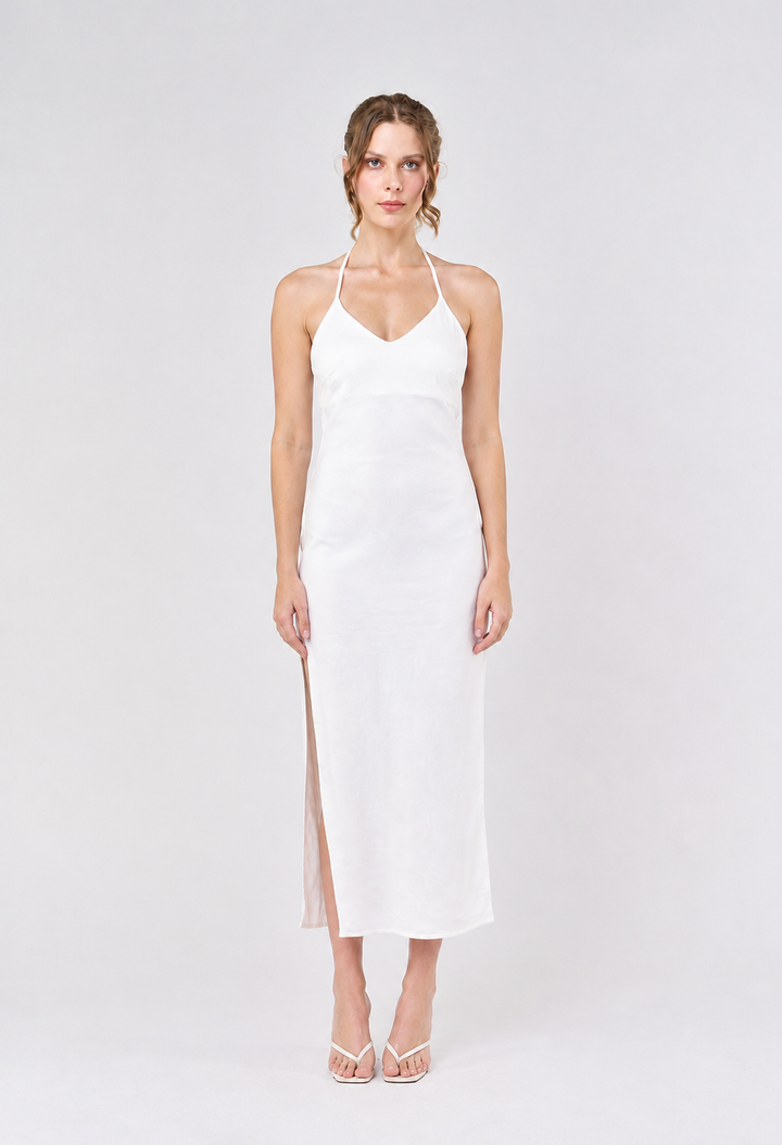 Merith Miky White V-Neck with High Slit Midi Dress