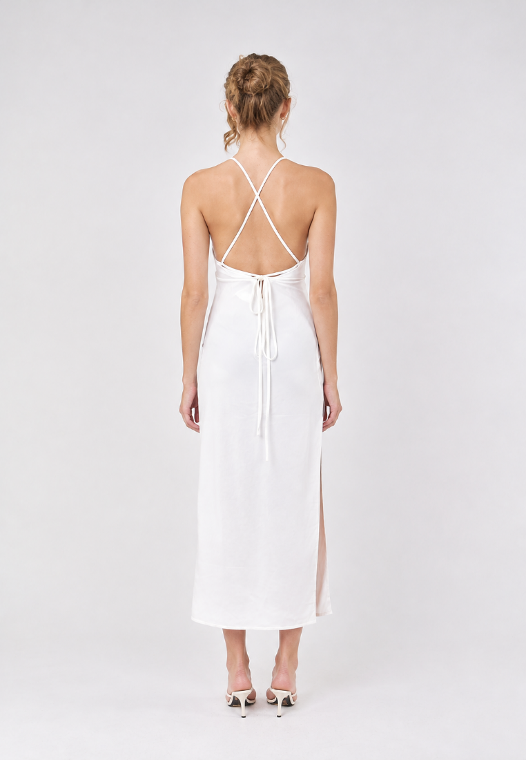 Merith Miky White V-Neck with High Slit Midi Dress