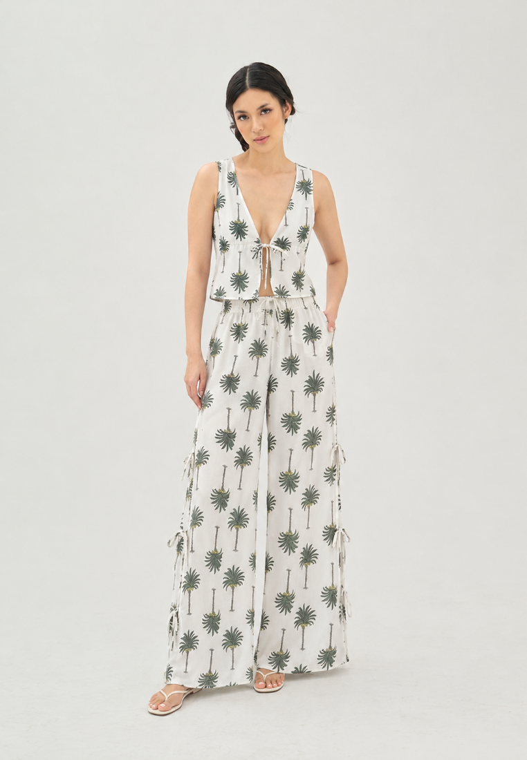 Sevyn White Green V Neck Floral Print  Vest Drawstring Waist Long Pants Trouser Set