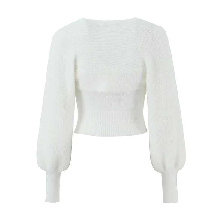 Vivoree White Knitted Square Neck Bow Bust Long Sleeves Crop Top
