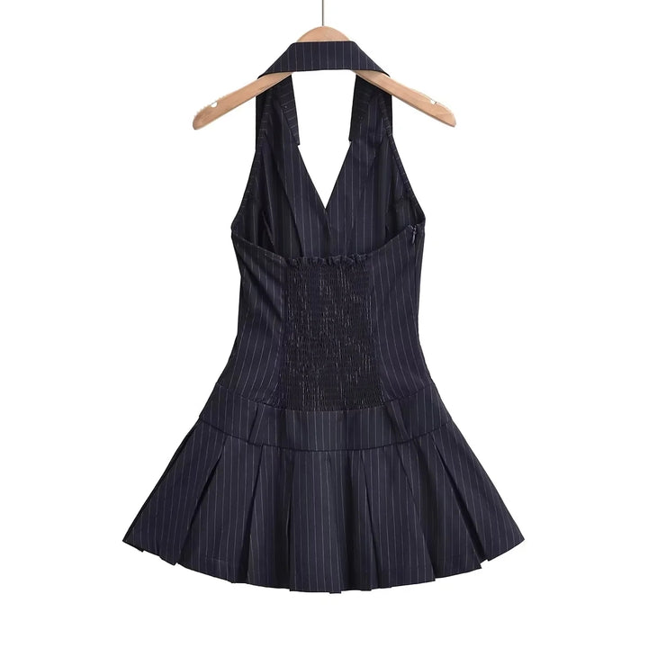 Thraia Navy Blue Stripes V Neck Collared Buttons Up Open Back Pleated Mini Dress