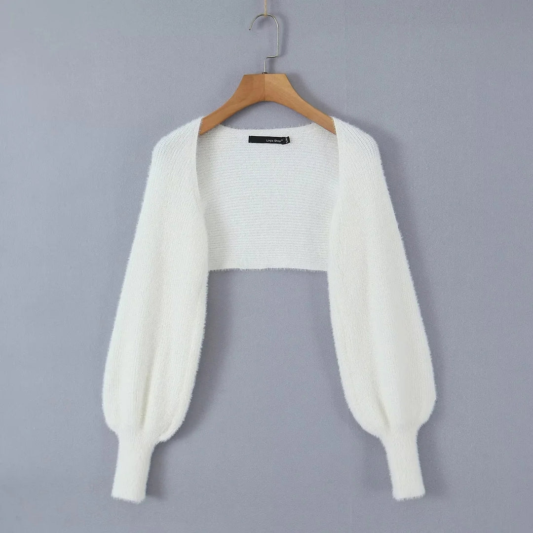 Vivoree White Knitted Square Neck Bow Bust Long Sleeves Crop Top
