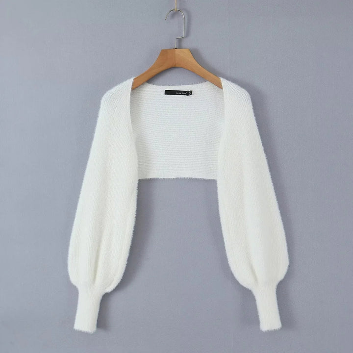 Vivoree White Knitted Square Neck Bow Bust Long Sleeves Crop Top