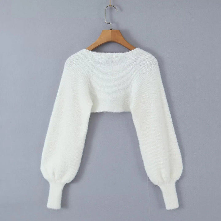 Vivoree White Knitted Square Neck Bow Bust Long Sleeves Crop Top