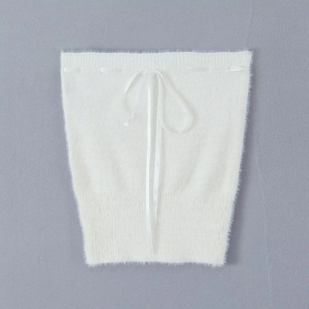 Vivoree White Knitted Square Neck Bow Bust Long Sleeves Crop Top