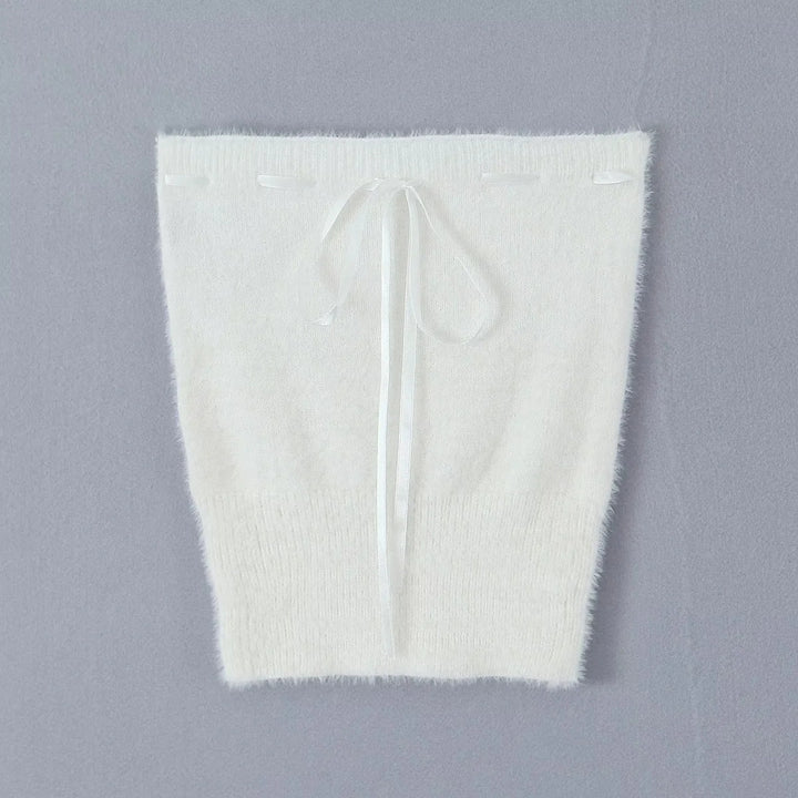 Vivoree White Knitted Square Neck Bow Bust Long Sleeves Crop Top