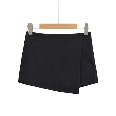 Milou Black Zipper Fly Asymmetric Hem Ovelap Mini Skort