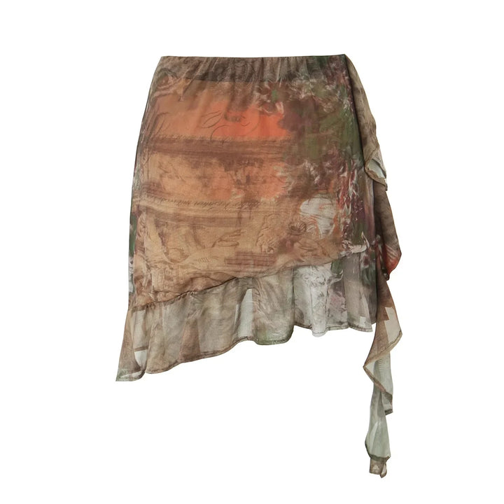 Amiel Brown Abstract Print Long Side Ruffle Asymmetrical Hem Mesh Skirt