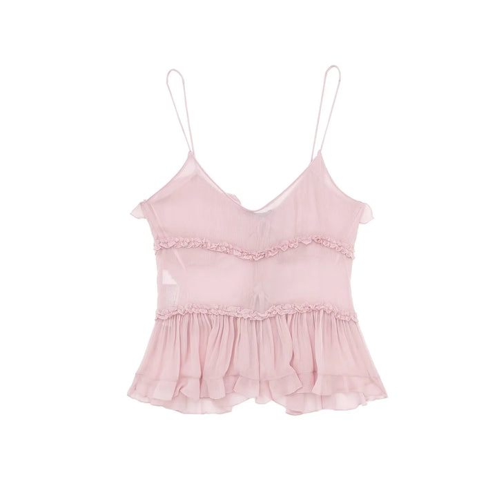 Monina Pink Lace Up Front Bow Sleeveless Tiered Ruffle Hem Cami Top