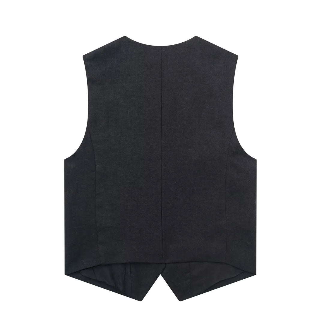 Daze Black V Neck Single Breasted Sleeveless Vest Top