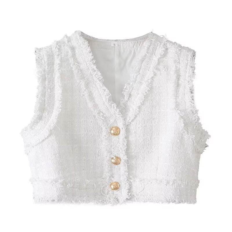 Rei White Tweed V Neck Button Raw Hem Sleeveless Crop Top