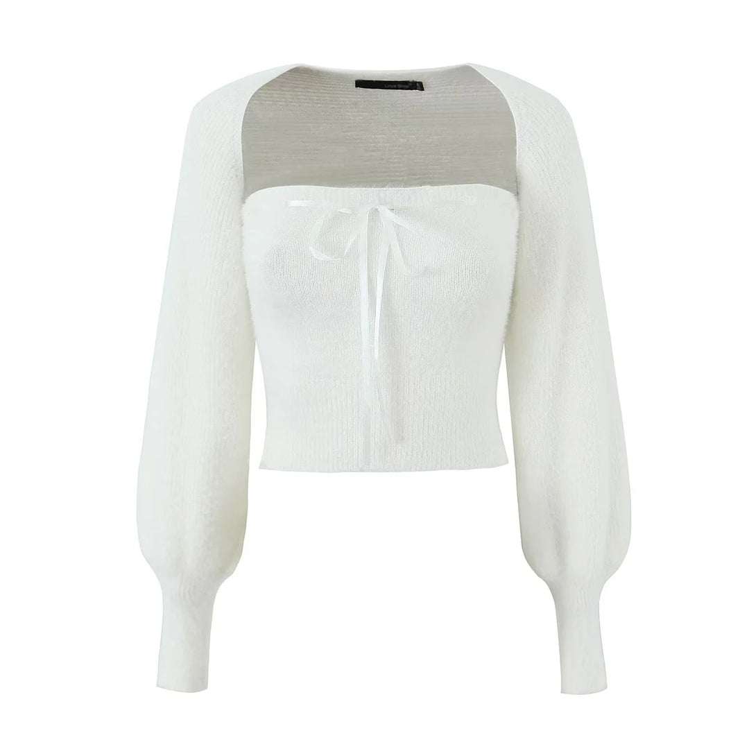 Vivoree White Knitted Square Neck Bow Bust Long Sleeves Crop Top