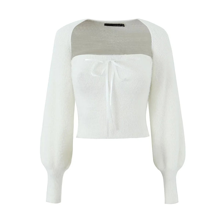 Vivoree White Knitted Square Neck Bow Bust Long Sleeves Crop Top