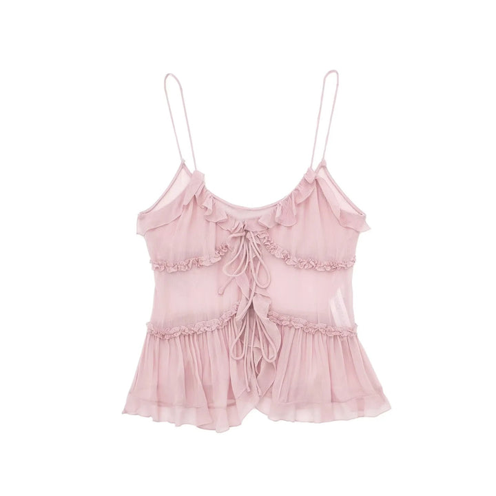 Monina Pink Lace Up Front Bow Sleeveless Tiered Ruffle Hem Cami Top