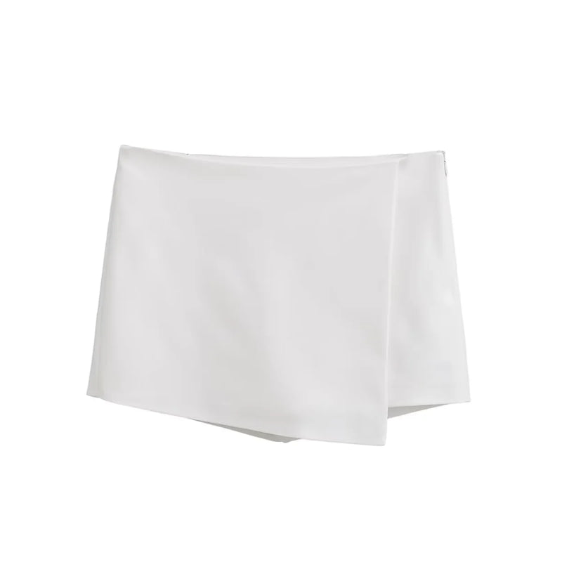 Milou White Zipper Fly Asymmetric Hem Ovelap Mini Skort