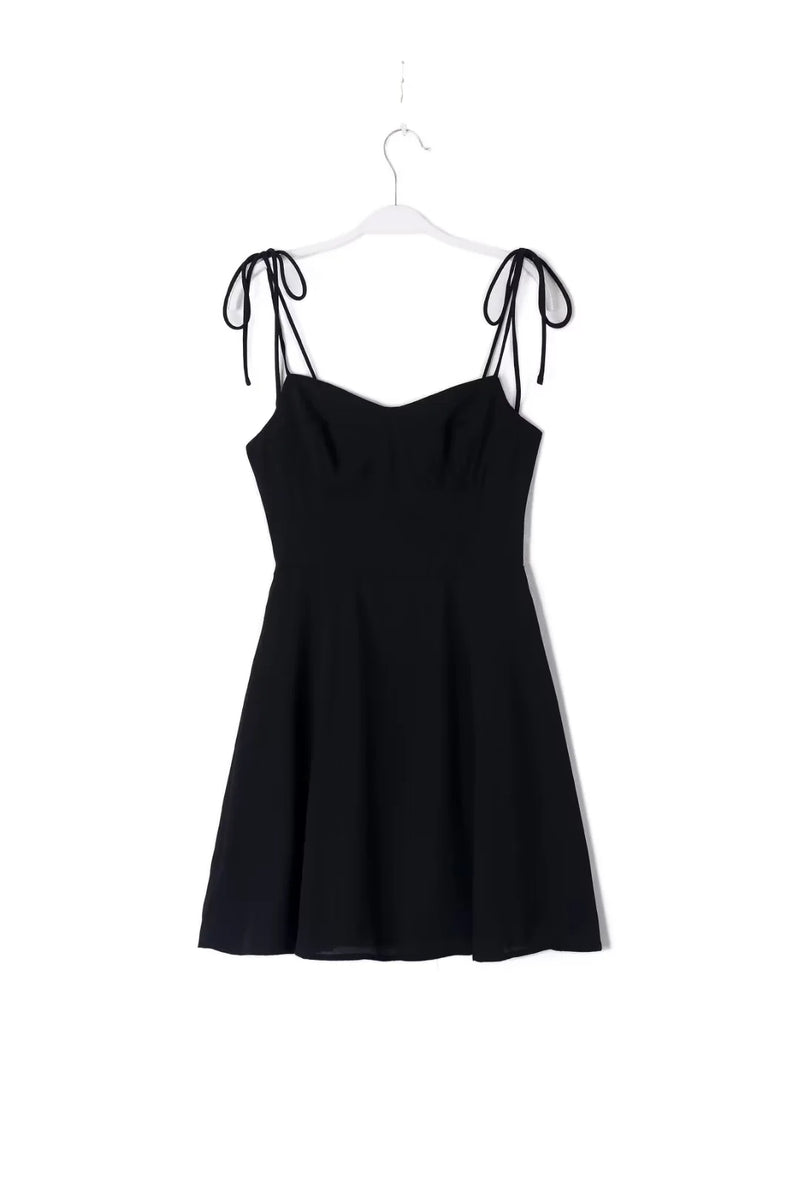 Franze Black V Neckline Sleeveless Self Tie Mini Dress
