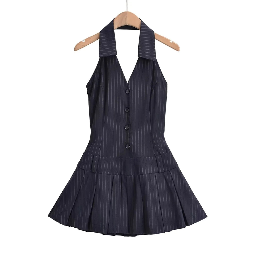 Thraia Navy Blue Stripes V Neck Collared Buttons Up Open Back Pleated Mini Dress