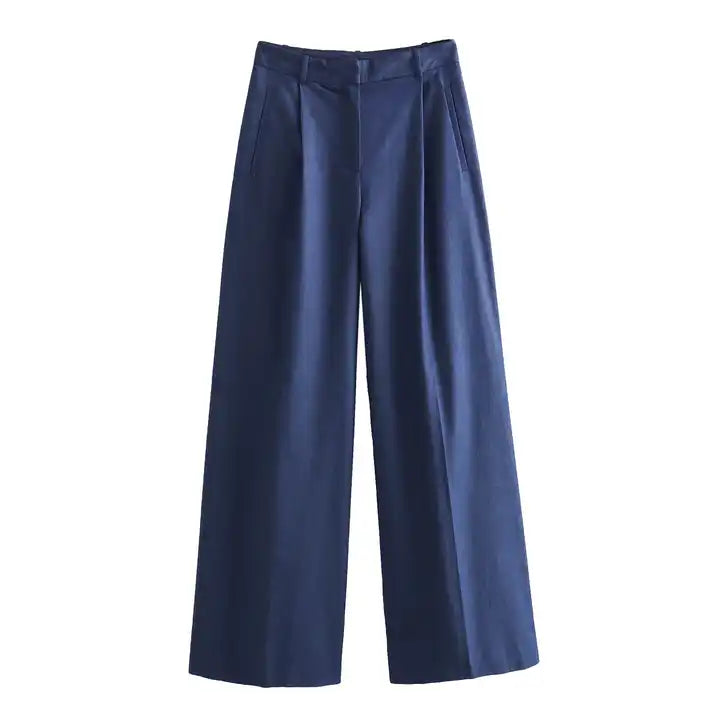 Ryland Blue Zipper Fly Pleated Wide Leg Trouser