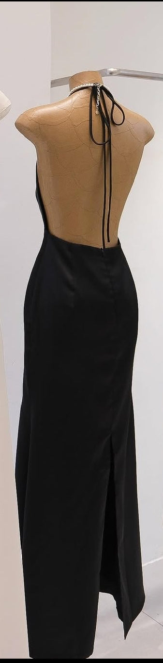 Kavita Black Deep V-Neck Halter  Bodycon Maxi Dress