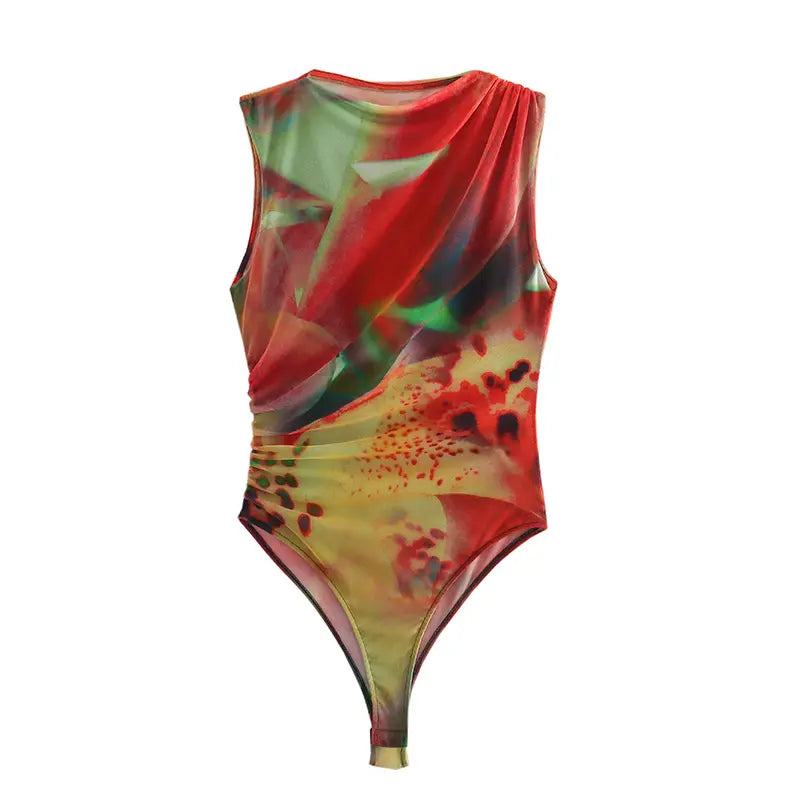 Xania Multi Color Tie Dye Crew Neckline Pleated Side Mesh Sleeveless Bodysuit