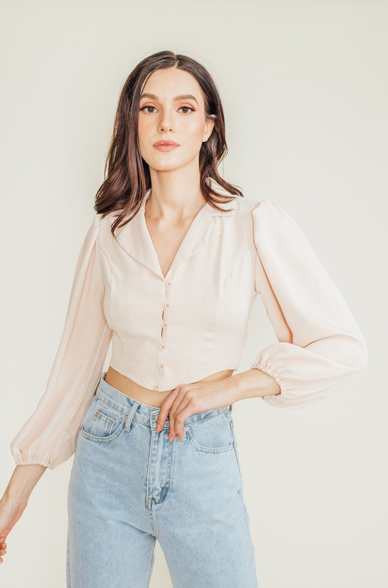 Justine Beige Notched Collar V Neck Buttondown Long Sleeves Top